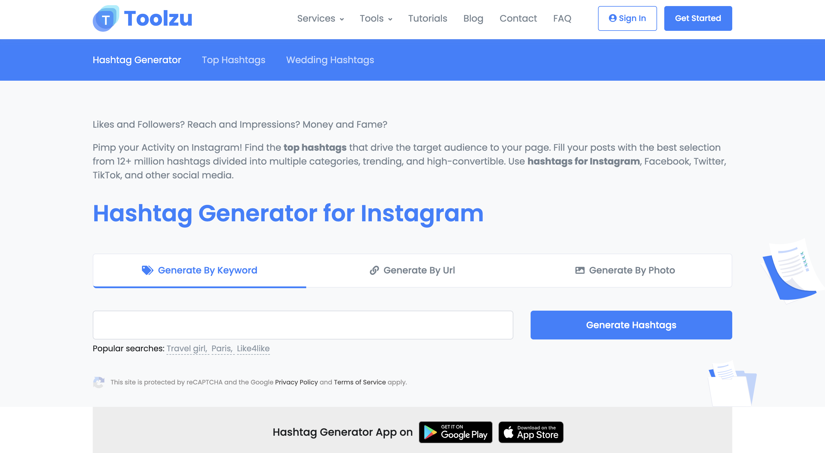Uno screenshot del sito Web del generatore di hashtag di Instagram Toolzu.