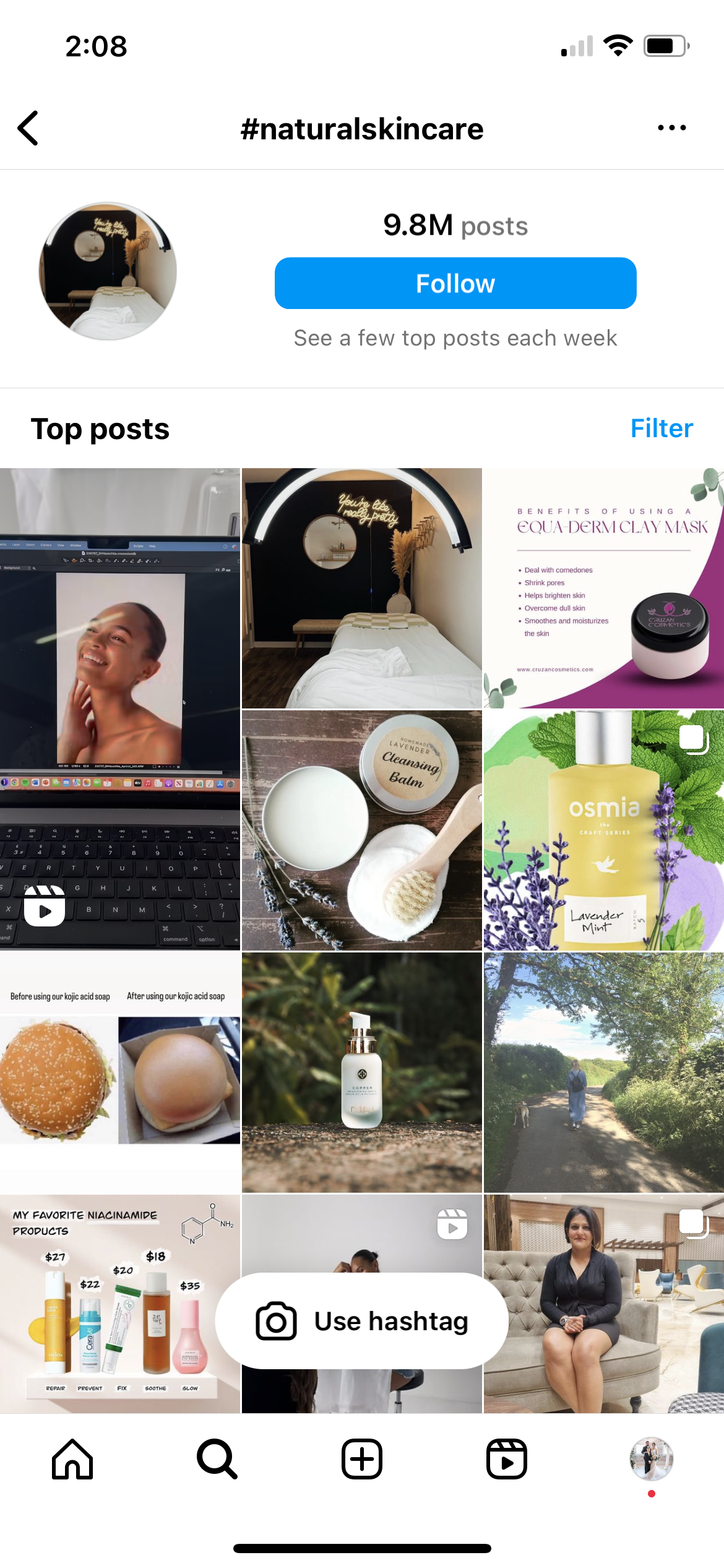 Uno screenshot che mostra i risultati di Instagram per l'hashtag #NaturalSkincare.