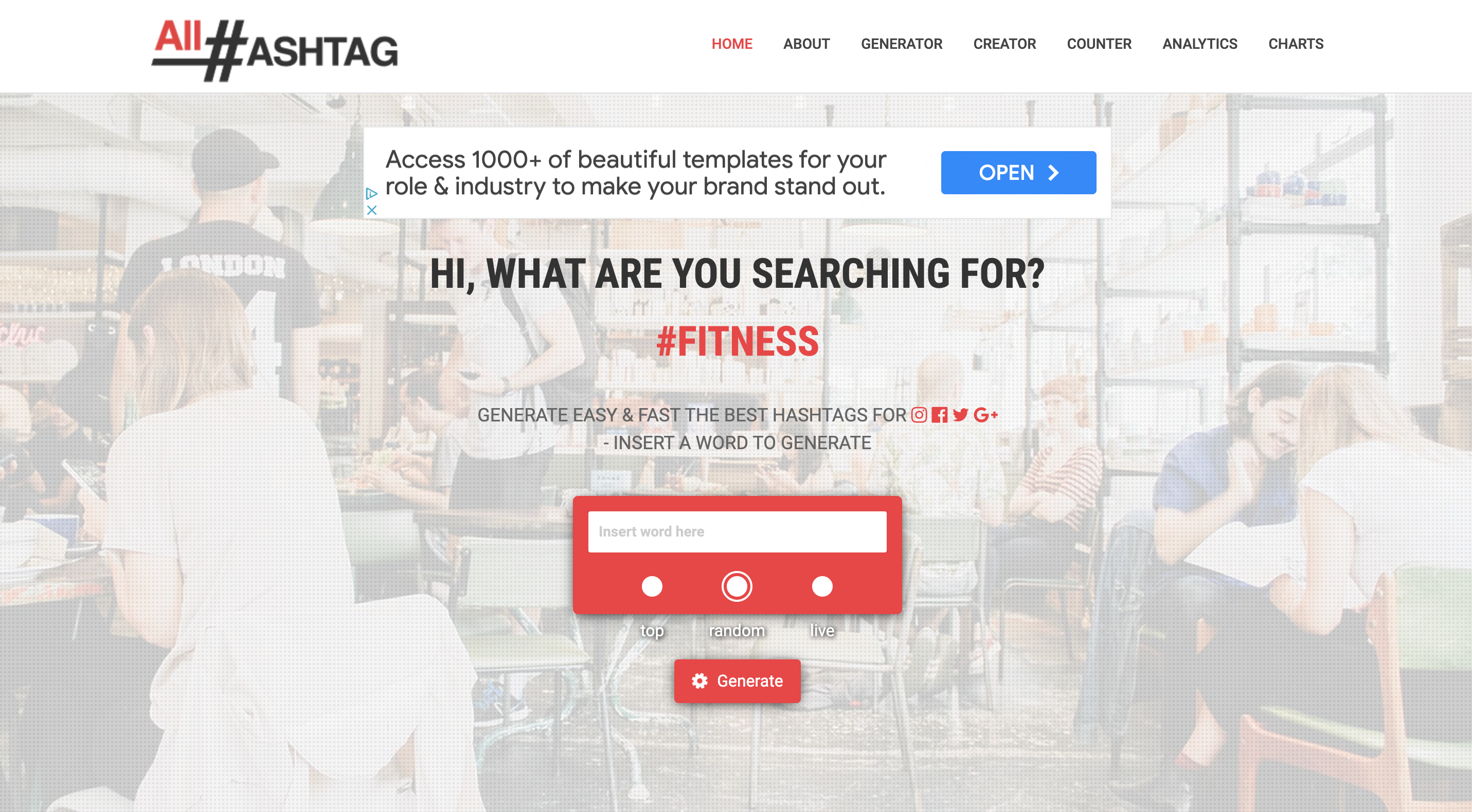 Uno screenshot del generatore di hashtag di Instagram chiamato il sito web di All Hashtag.