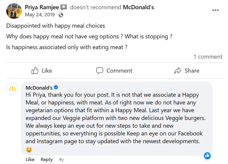 La recensione di McDonald's con la risposta dell'azienda