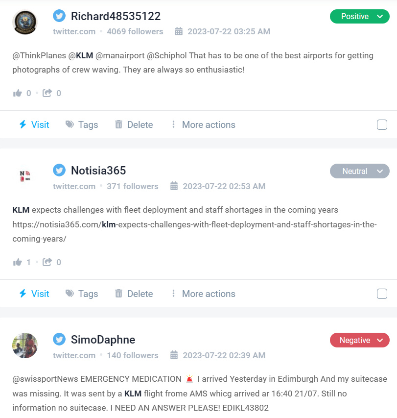 Menzioni KLM rilevate da Brand24