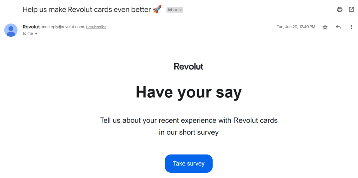 Revolut: breve sondaggio inviato via email