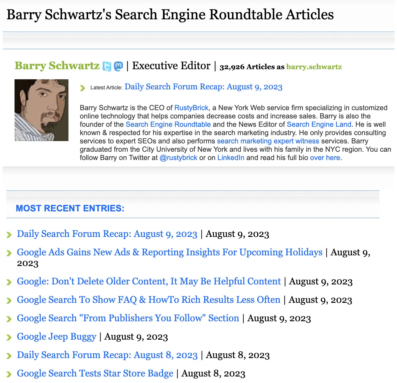 Search Engine Roundtable の Barry Schwartz の著者ページ