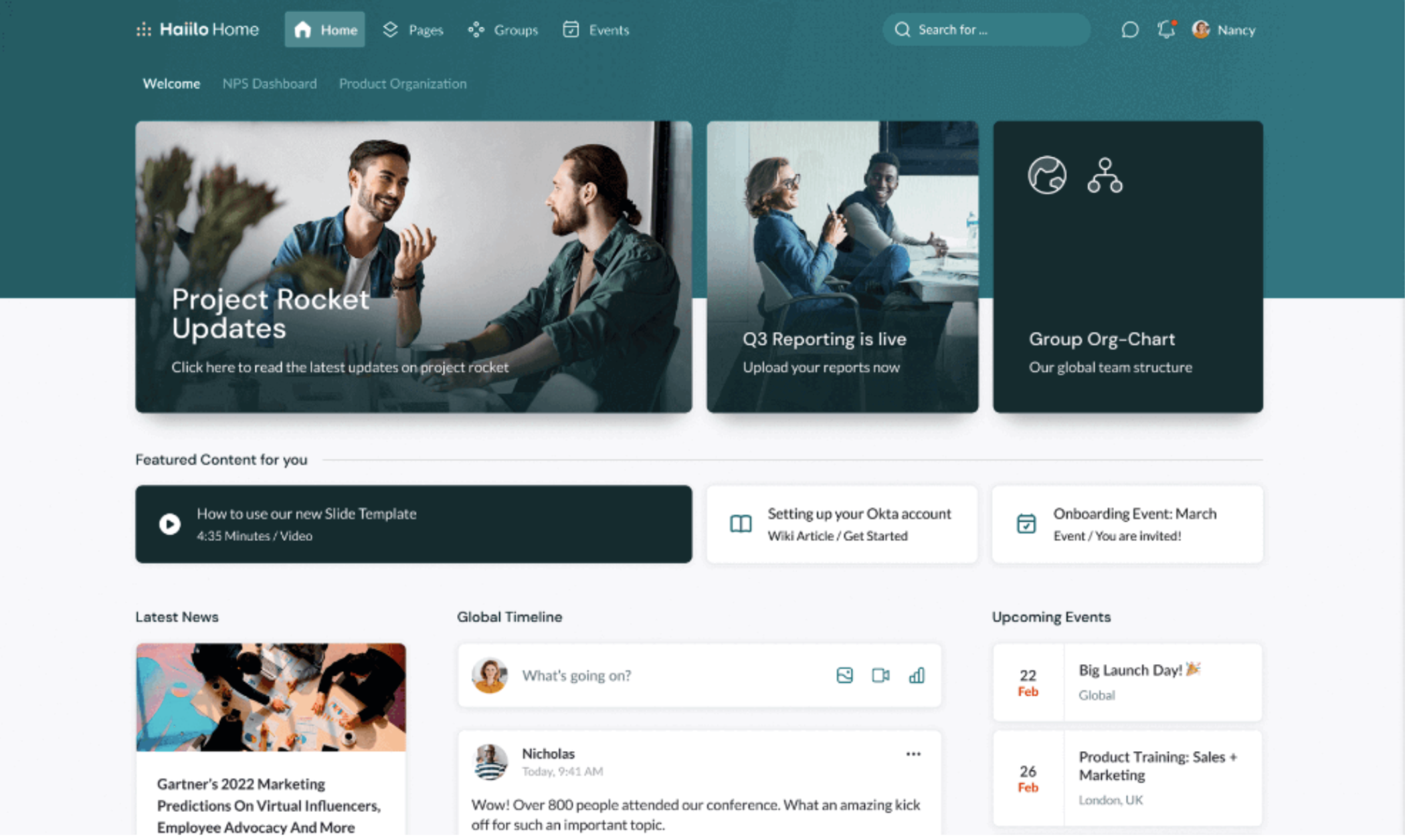 Anteprima di Haillo, uno strumento di difesa dei dipendenti con funzionalità incentrate principalmente sulla creazione di una comunità interna.