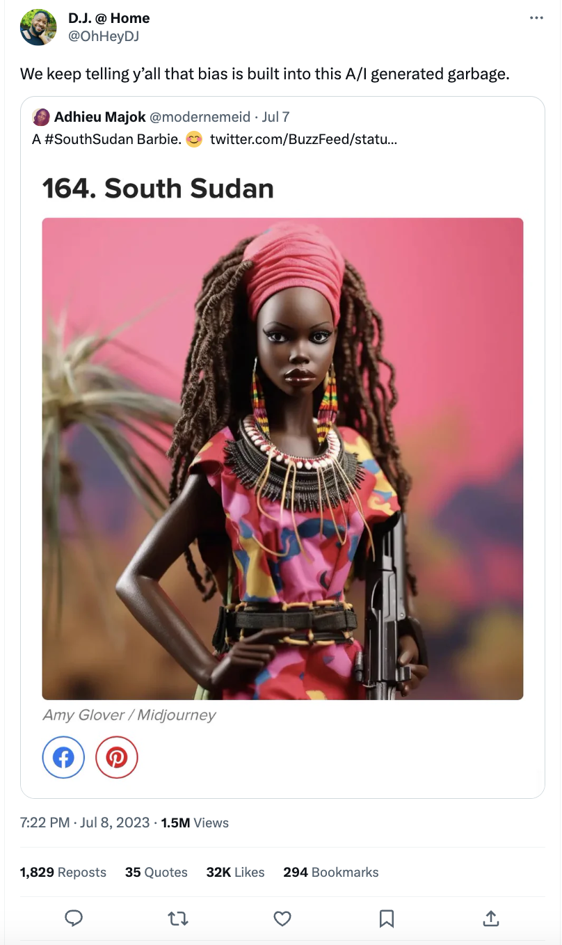 用户在 Twitter 线程中对 AI 生成的“#SouthSudan Barbie”照片的响应[自 2023 年 7 月起更名为 X]。帖子中写道：“我们一直告诉你们，人工智能生成的垃圾中存在偏见。”