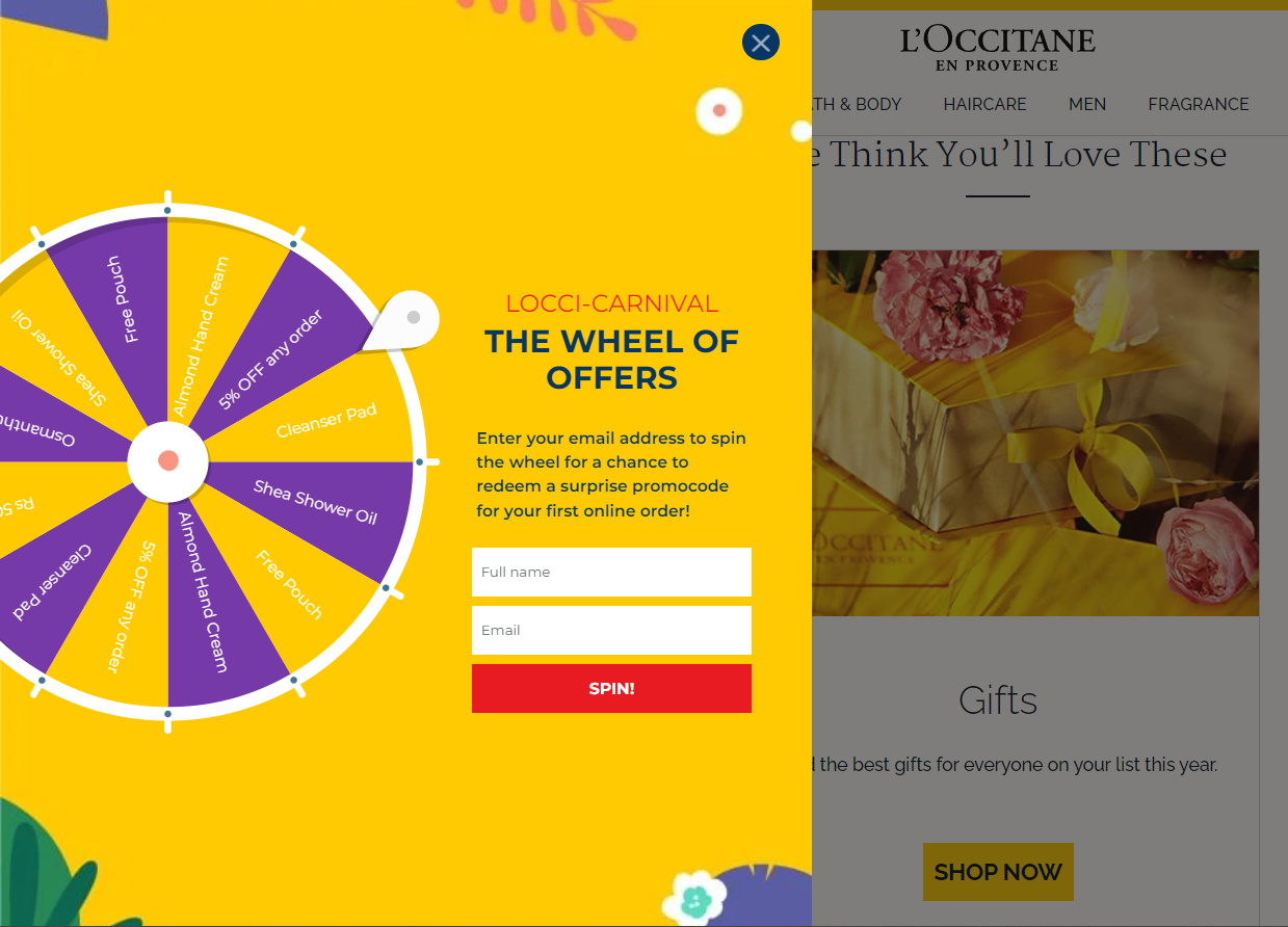 Banner pop-up per ricevere un codice promozionale da L'Occitane