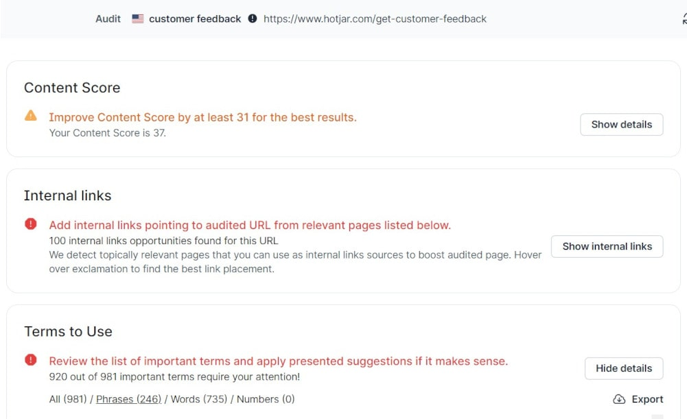 Audit de conținut realizat de instrumentul Surfer