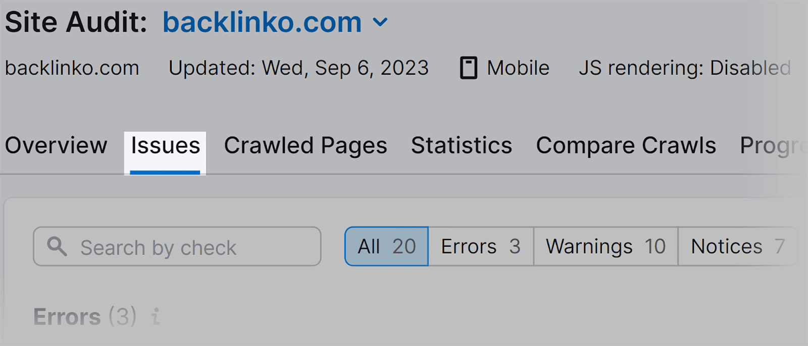 Tab masalah pada alat audit Situs Issues tab on Site audit tool