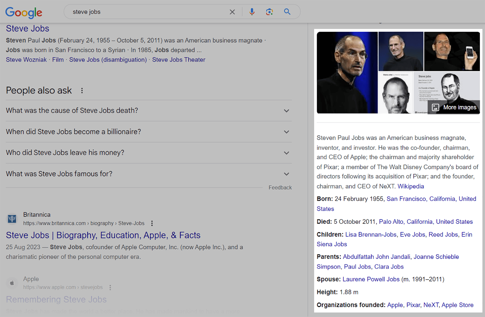 Panel Pengetahuan Steve Job di Google