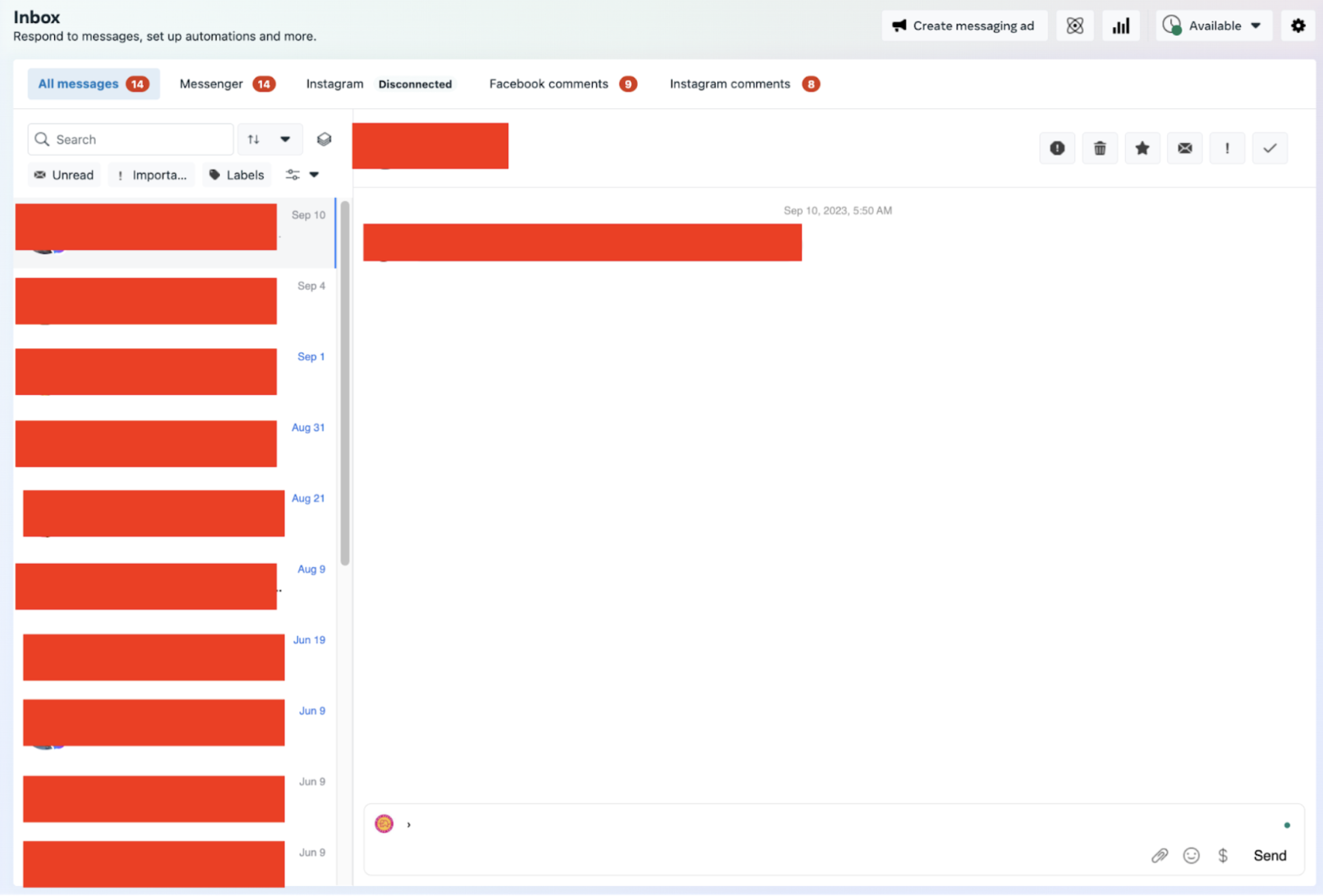 Previzualizare a funcției Inbox în Creator Studio. Imaginea prezintă file precum toate mesajele, Messenger, comentariile Instagram și comentariile Facebook.