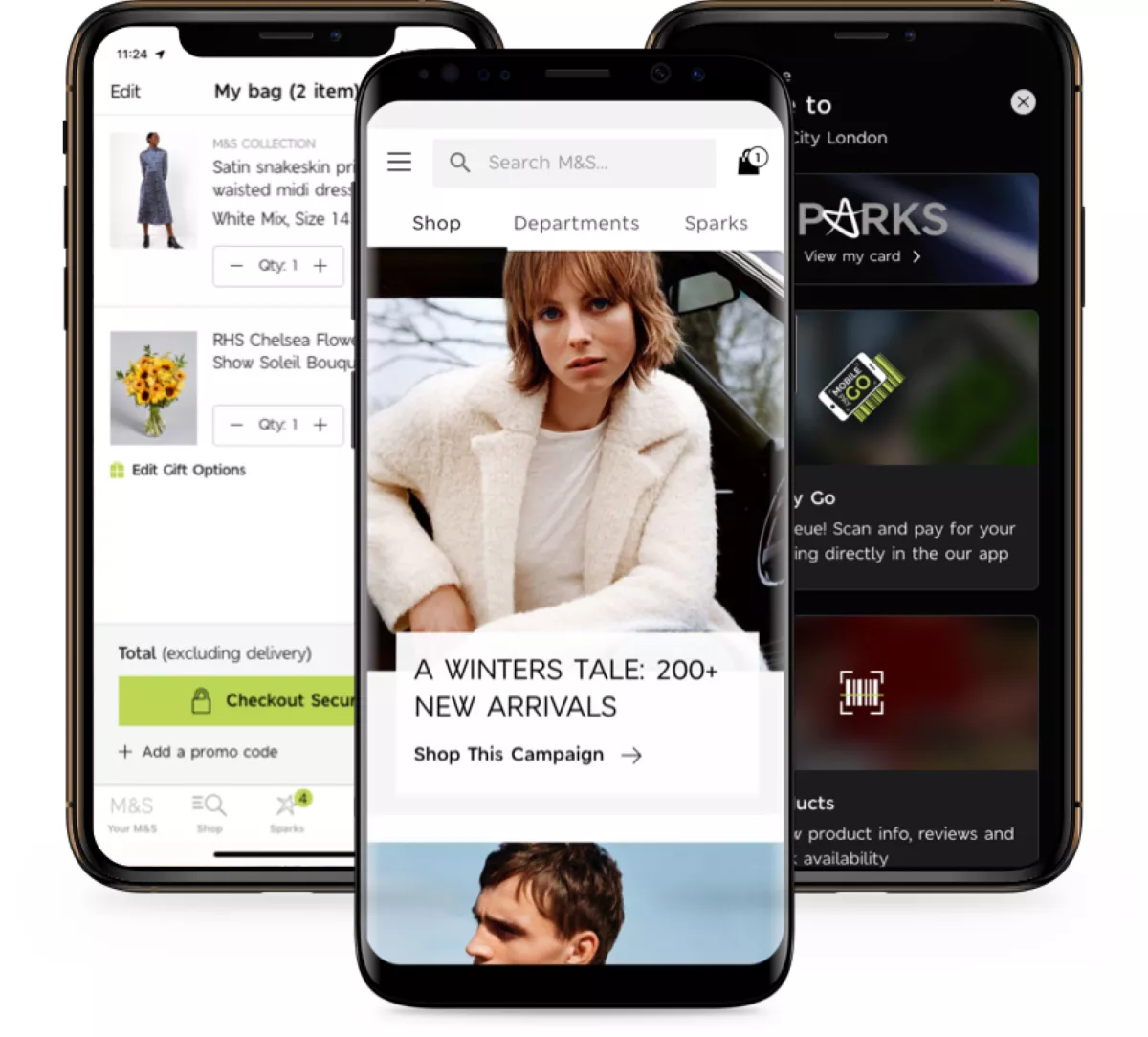 Trei modele iPhone UX ale aplicației Marks & Spencer Sparks. Prima include un flux de plată, a doua prezintă pagina de pornire a aplicației, iar a treia prezintă o listă de beneficii Sparks.