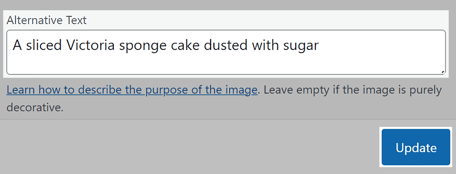輸入您的替代文本,然後點擊更新 Type your alt text then hit update
