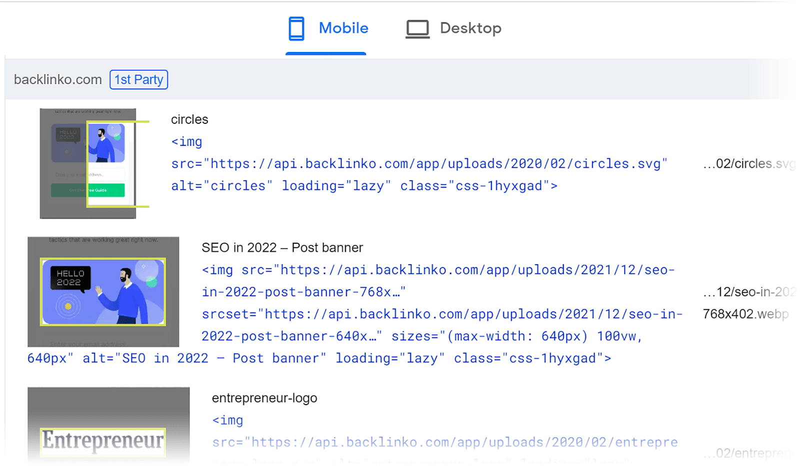 已識別有問題的圖像的 URL