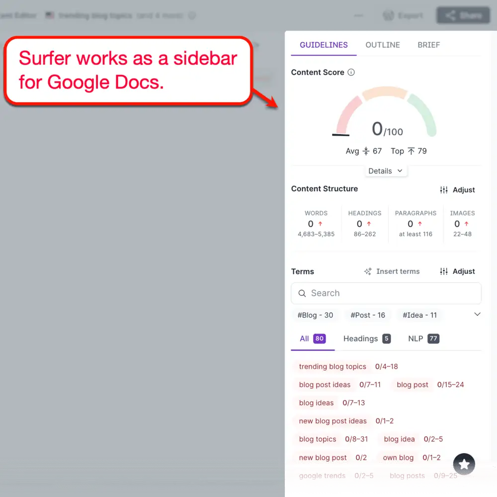 Bara laterală Surfer Google Docs