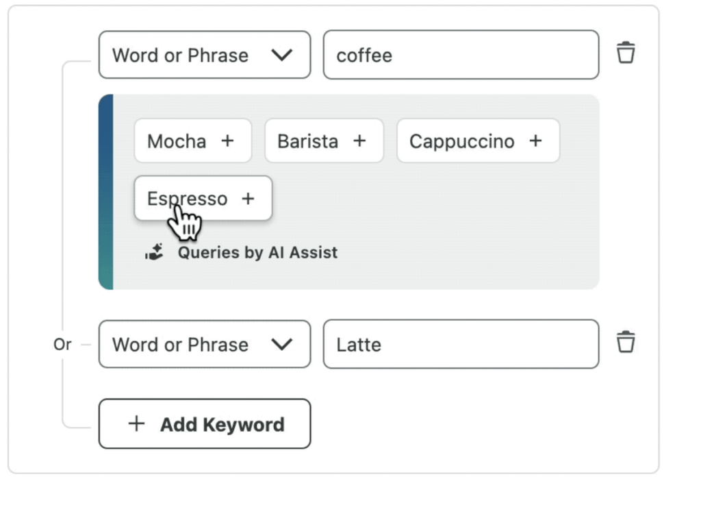 O captură de ecran a funcțiilor de asistență Sprout Queries by AI, care vă oferă 5 opțiuni bazate pe cuvântul dvs. cheie.