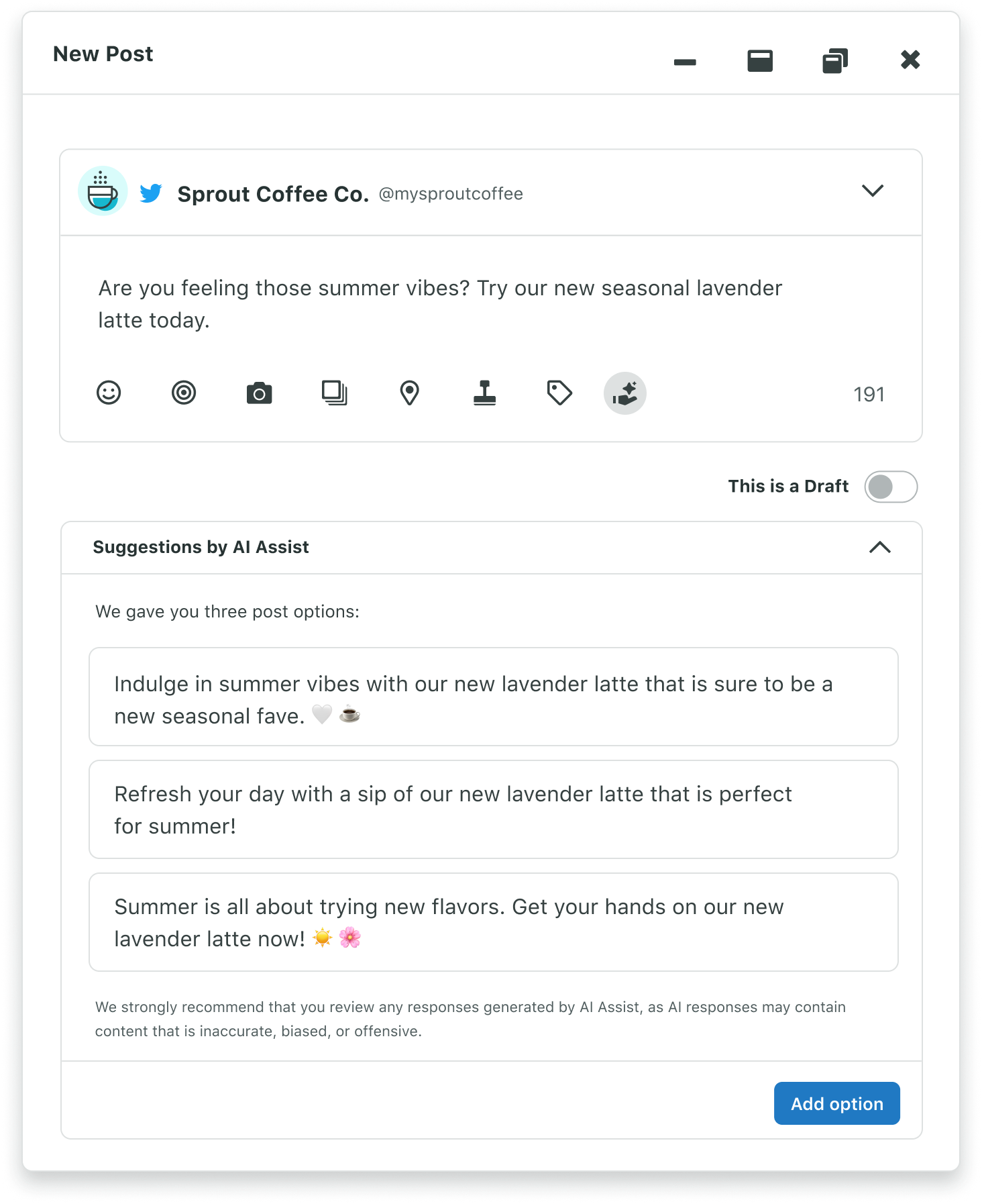 O captură de ecran a funcției Sprout Suggestions by AI Assist, care arată modul în care logica de prompt încorporată a instrumentului generează trei opțiuni de postare pe baza solicitării dvs. În acest caz, promptul spune: Simți acele vibrații de vară? Încercați astăzi noul nostru latte de lavandă de sezon. Una dintre cele trei opțiuni scrie Răsfățați-vă cu vibrațiile de vară cu noul nostru latte cu lavandă, care va fi cu siguranță un nou favorit de sezon.