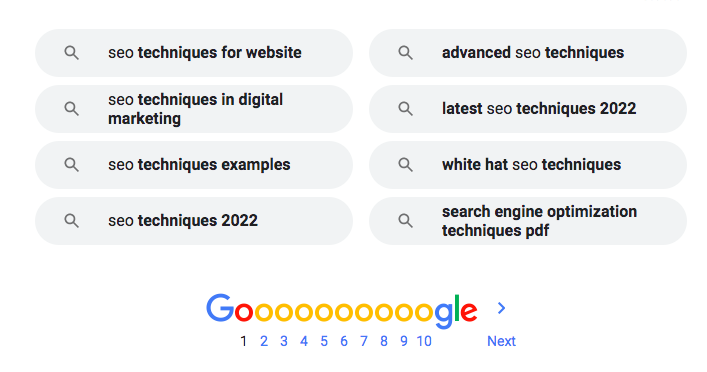 Google 的「相關搜尋」查詢的螢幕截圖