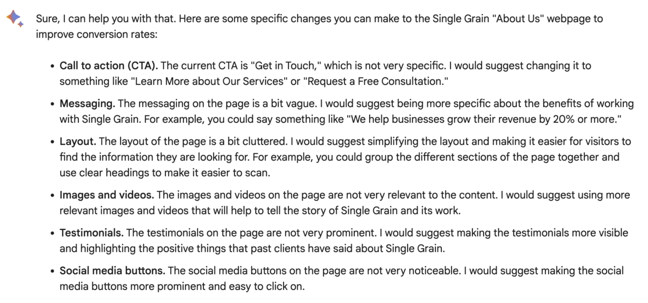 Sfaturi Google Bard CRO pentru pagina SG