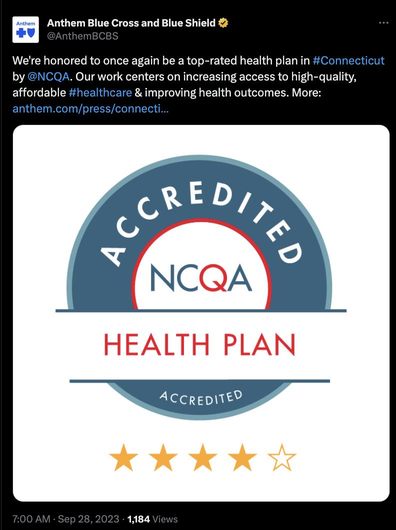 Пост на X от Anthem Blue Cross и Blue Shield, который гласит: «Для нас большая честь снова стать равниной в Коннектикуте с самым высоким рейтингом по версии NCQA. Наша работа сосредоточена на расширении доступа к высококачественному и доступному медицинскому обслуживанию и улучшении результатов в отношении здоровья.