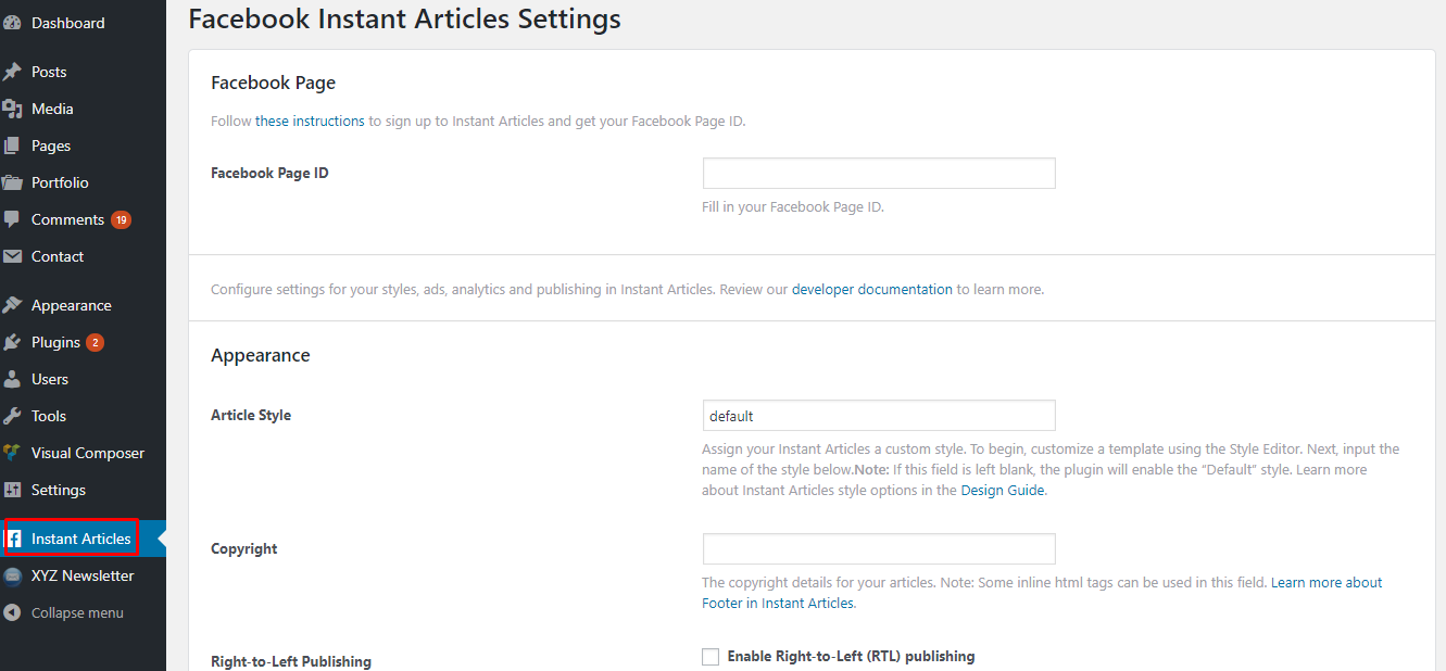 Painel de configuração de plug-in