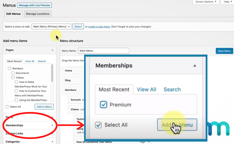 在memberpress中添加注册菜单