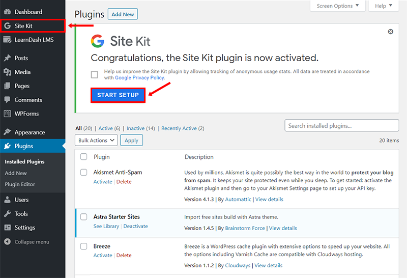 rozpocznij konfigurację zestawu witryny google