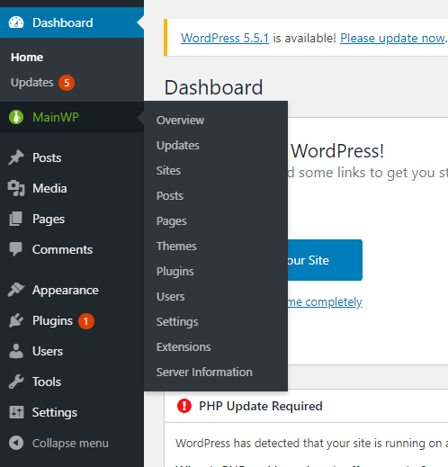 Dasbor MainWP Di Dalam Dasbor WP