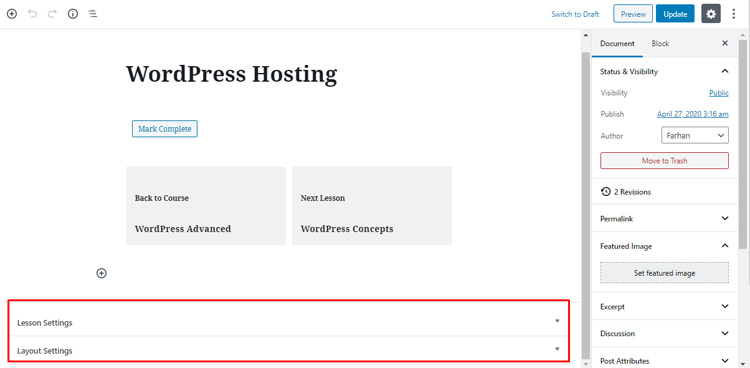 настройки урока lifterlms