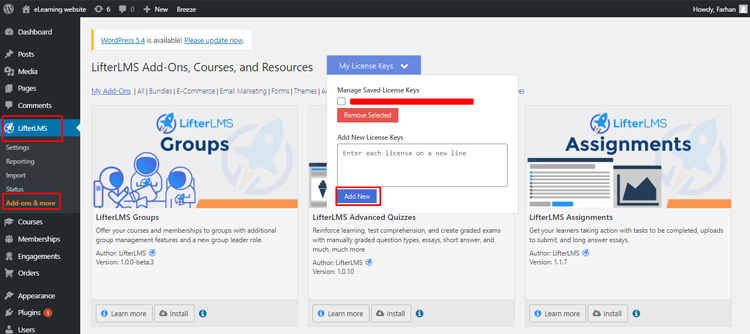добавить аддоны lifterlms