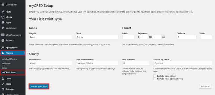 نوع نقطة mycred