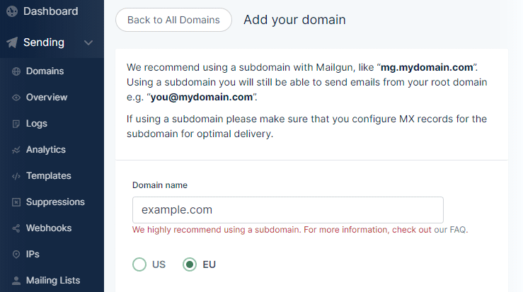 Добавить домен Mailgun