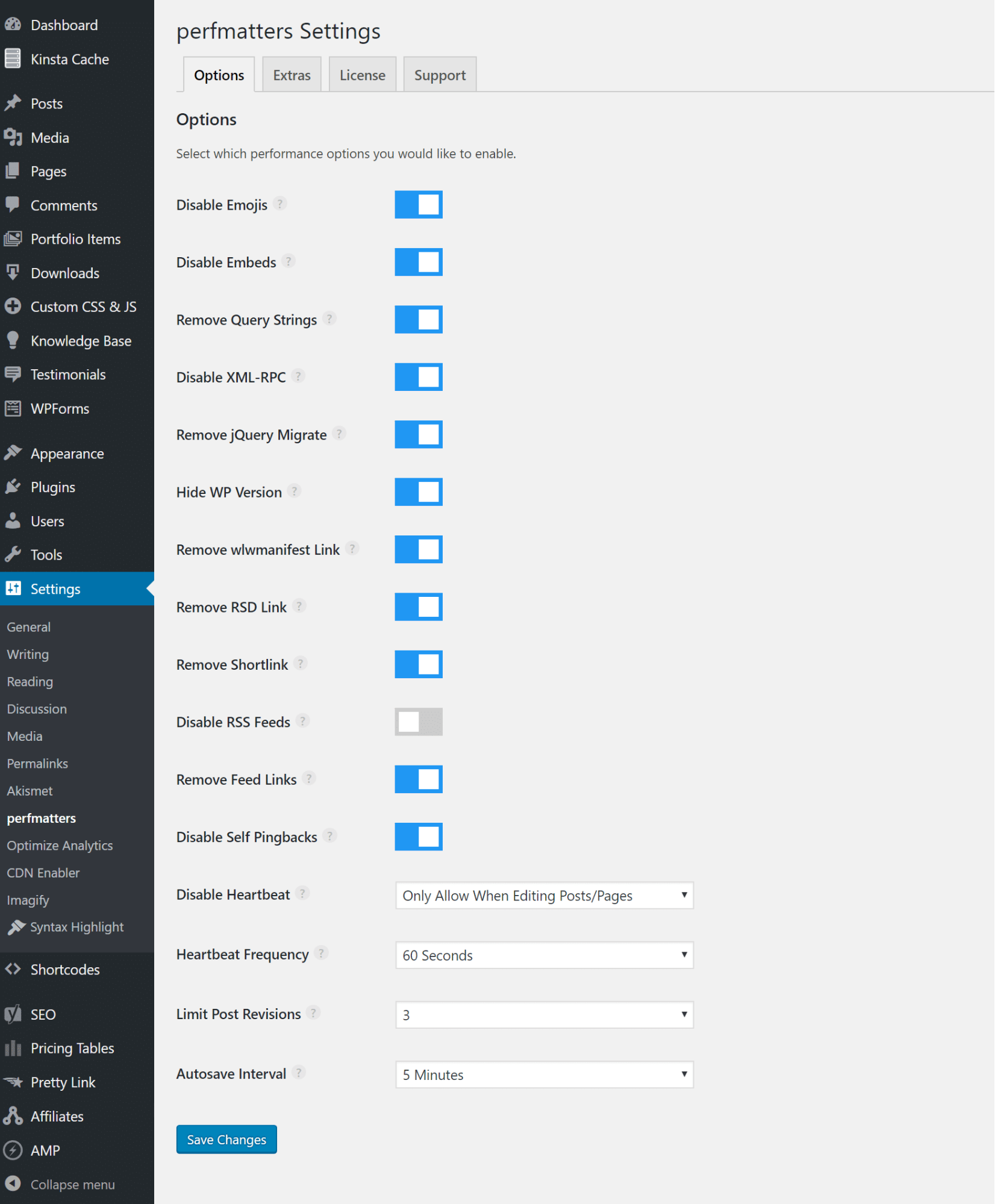 ustawienia wtyczki perfmatters