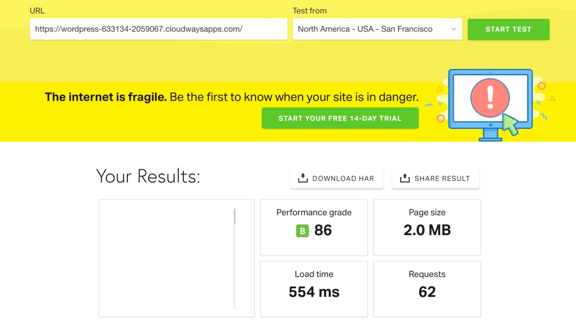Résultats d'Elementor sur Pingdom Tools