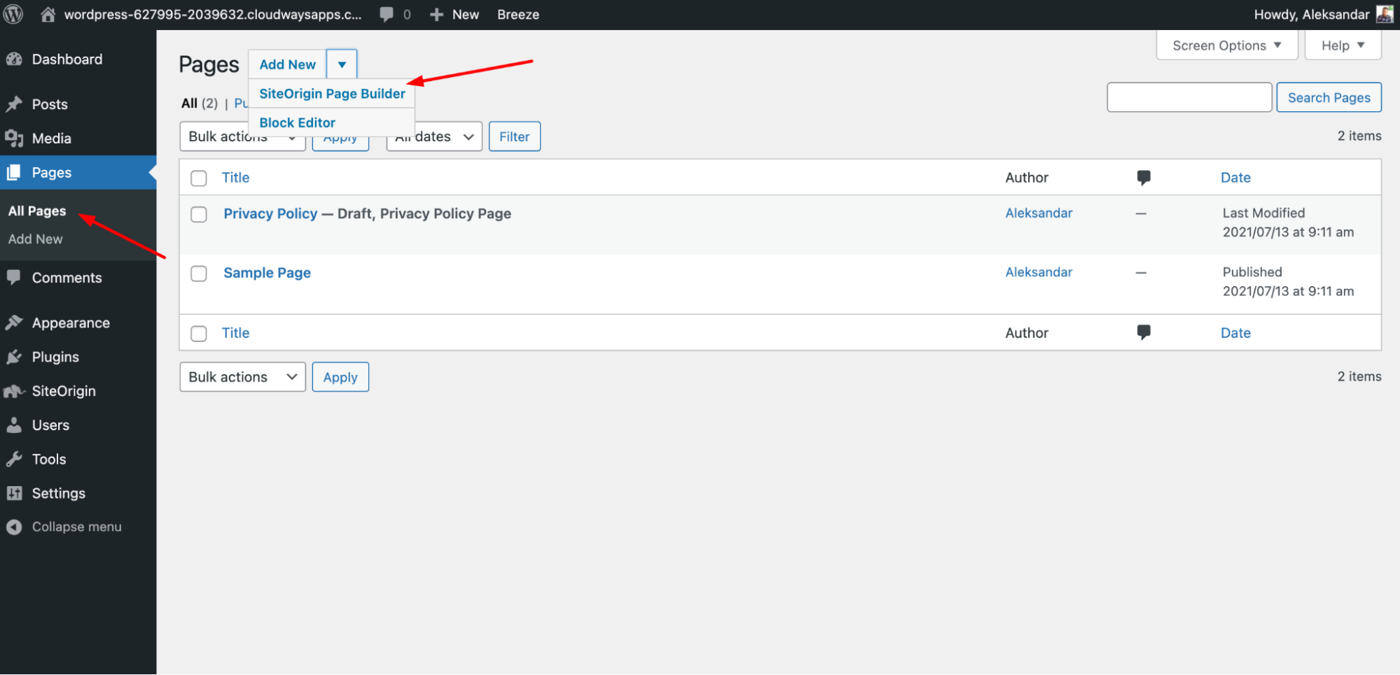 option de création de page d'origine du site