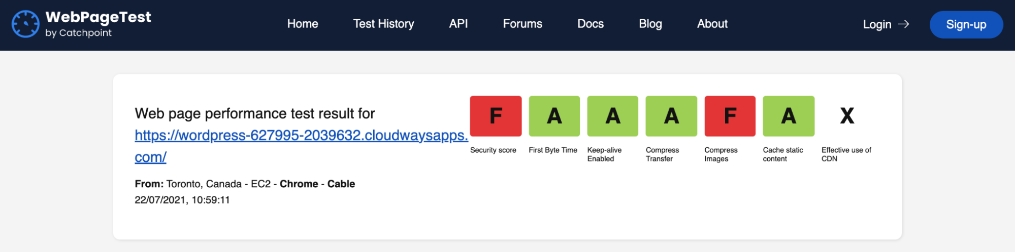 Résultats du test de la page Web
