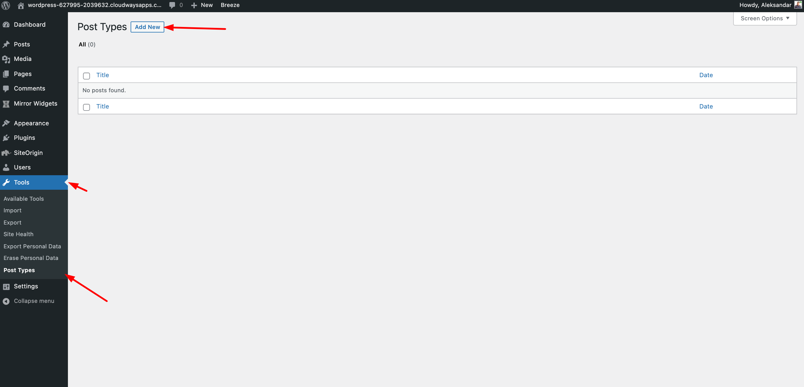 option outil de tableau de bord wordpress
