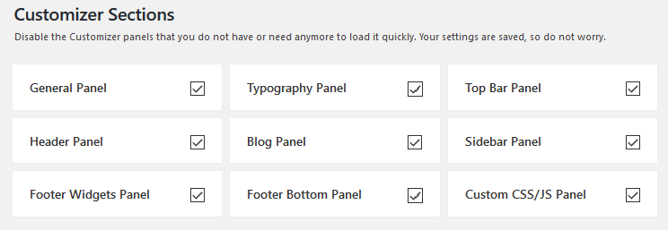 Secțiuni Customizer ocean wp