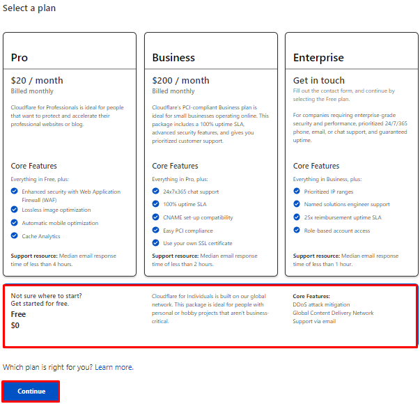 クラウドフレアプランを選択