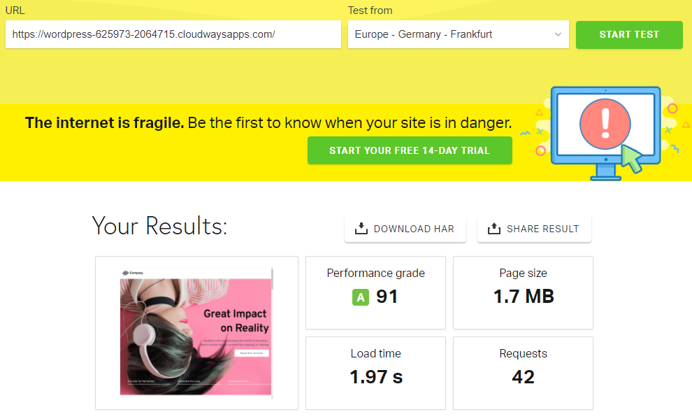 Resultado de la prueba Pingdom