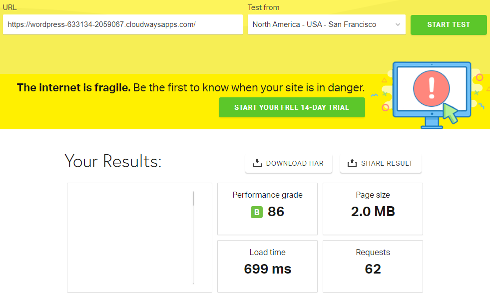 Elemento de resultado de la prueba Pingdom