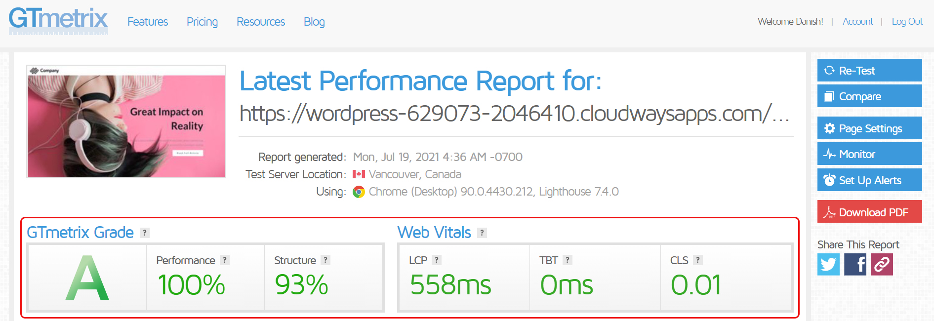 Resultado de la prueba de WP Page Builder GTMetrix