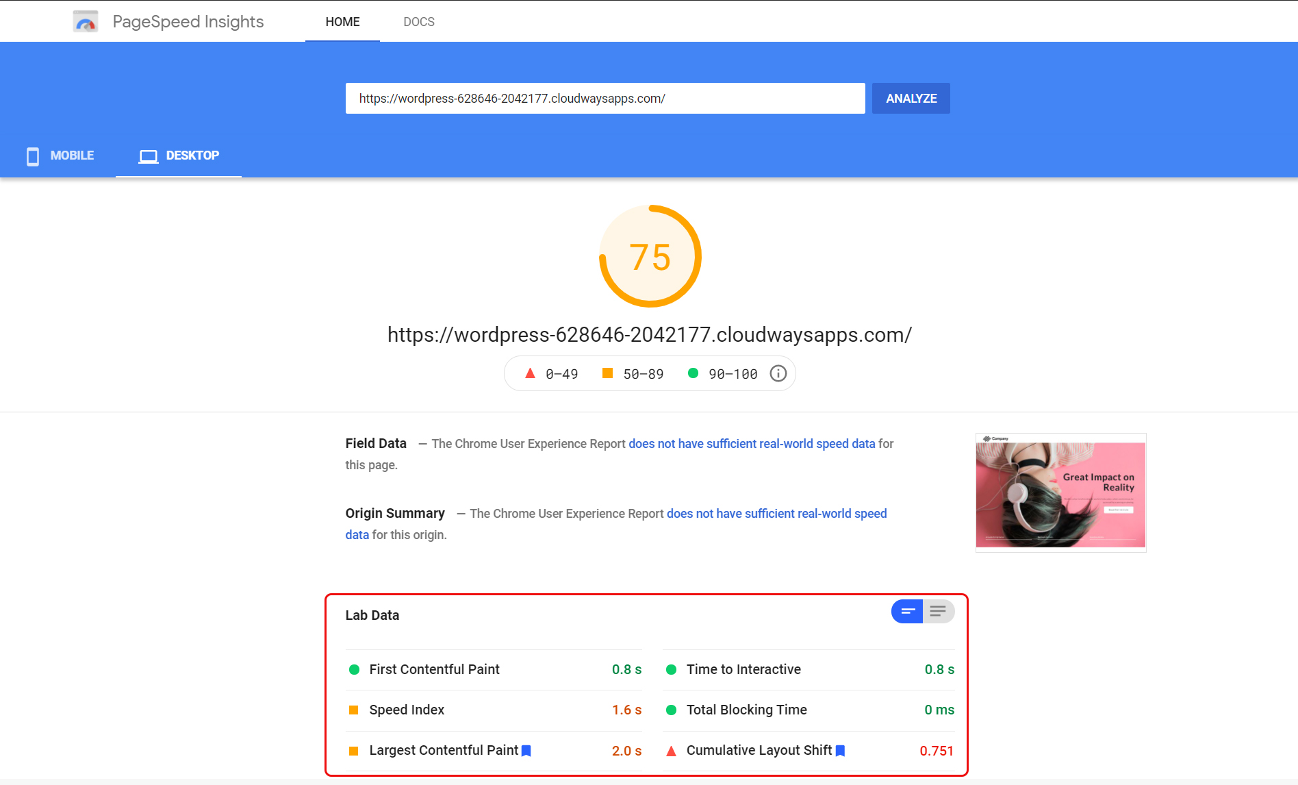 Resultado de la prueba de PageSpeed ​​Insight SeedProd