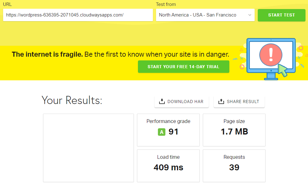 Resultado de la prueba BoldGrid Pingdom