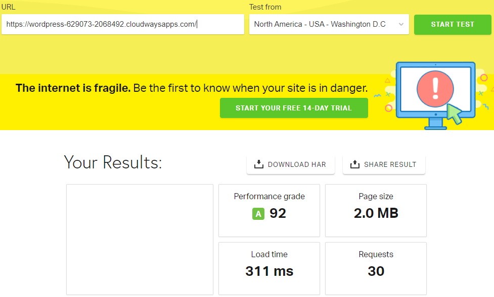 Resultado de la prueba Pingdom del constructor de páginas de Zion