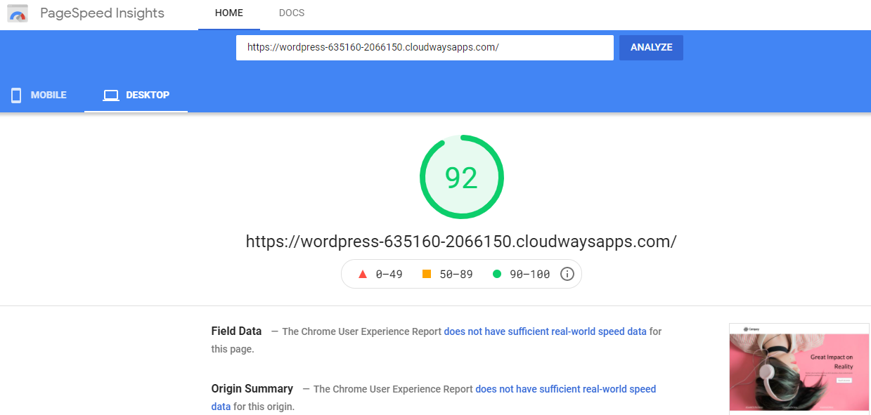 Generador de oxígeno Resultado de la prueba de PageSpeed ​​Insight