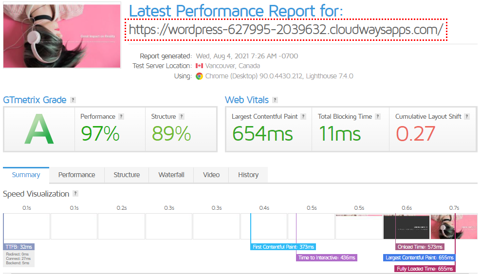 Resultado de la prueba SiteOrigin GTMetrix