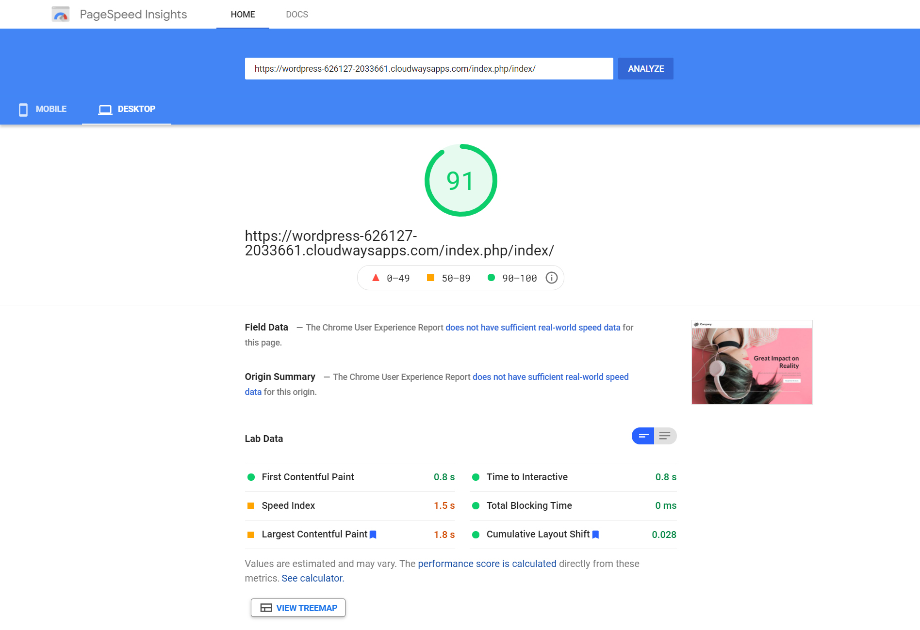 Resultado de la prueba de Beaver Builder PageSpeed ​​Insight