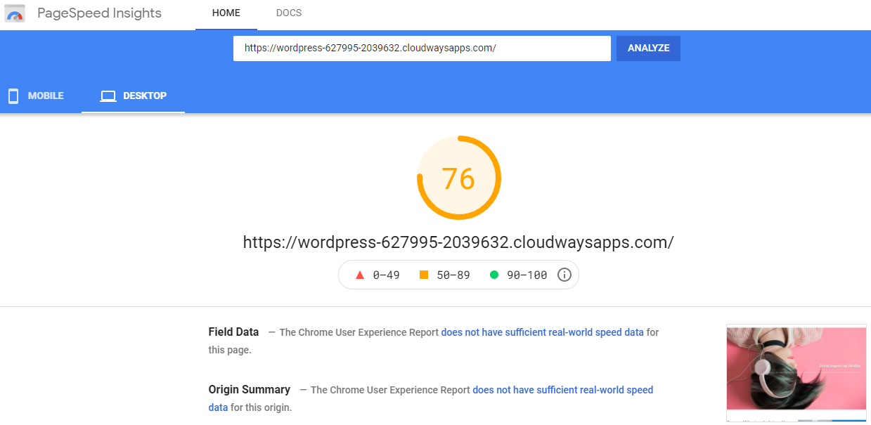 Resultado de la prueba SiteOrigin PageSpeed ​​Insight