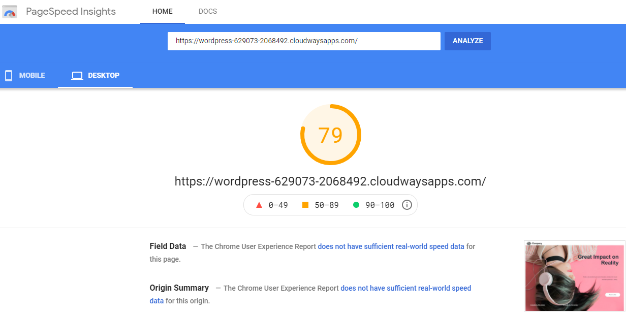 Resultado de la prueba de PageSpeed ​​Insight del constructor de páginas de Zion