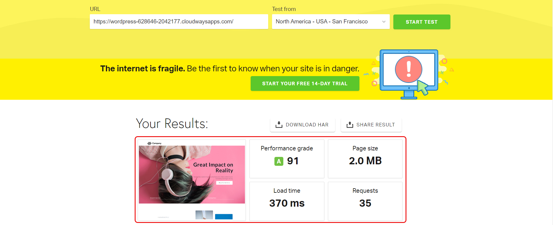 Resultado de la prueba SeedProd Pingdom